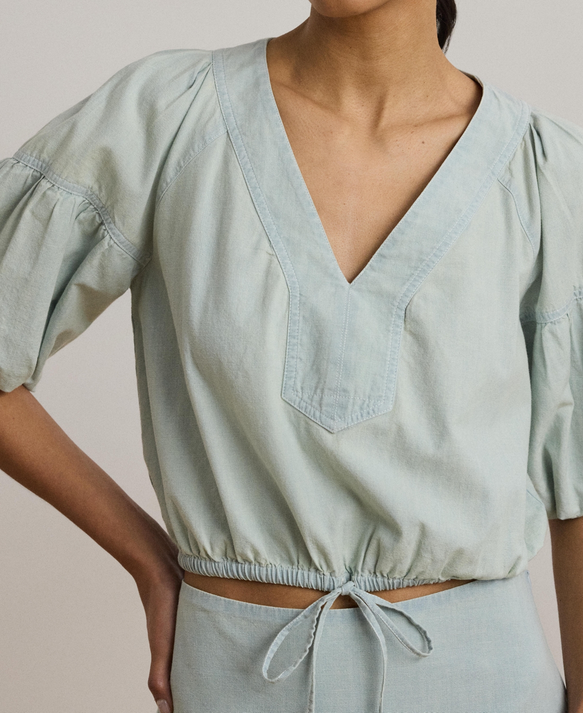 Shop Ralph Lauren Women's Chambray Cropped Bubble-sleeve Blouse