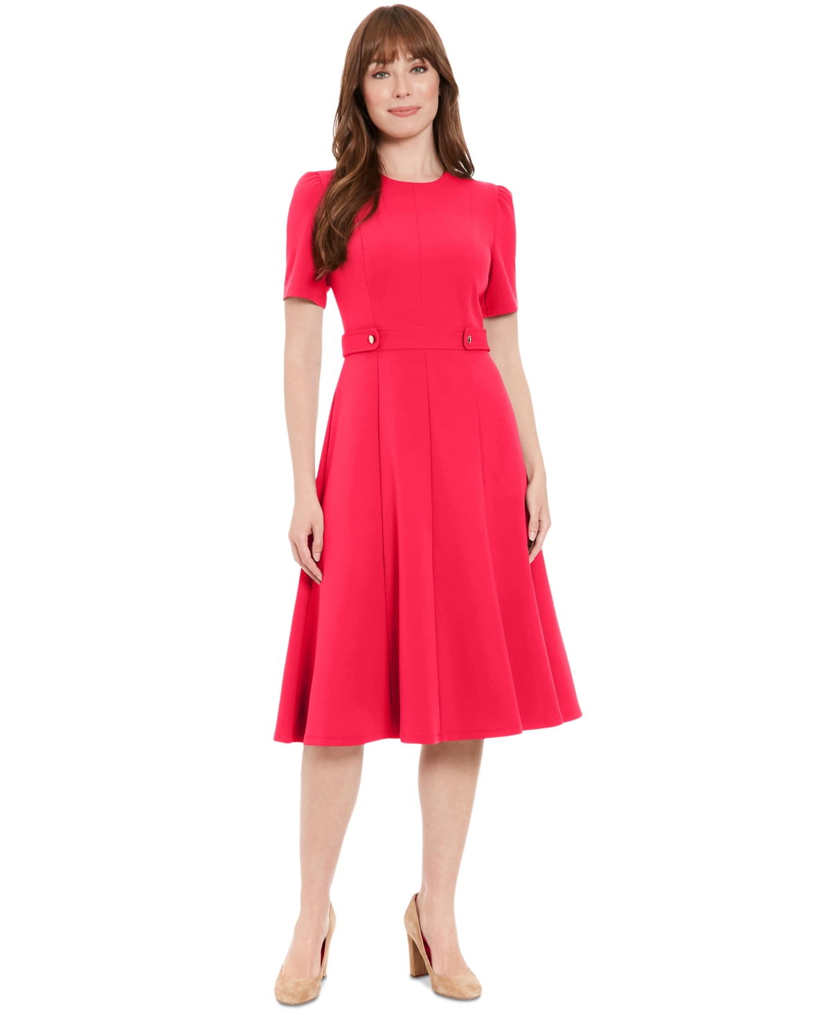Women's Puff-Sleeve Tab-Detail Fit & Flare Dress - Rose Red