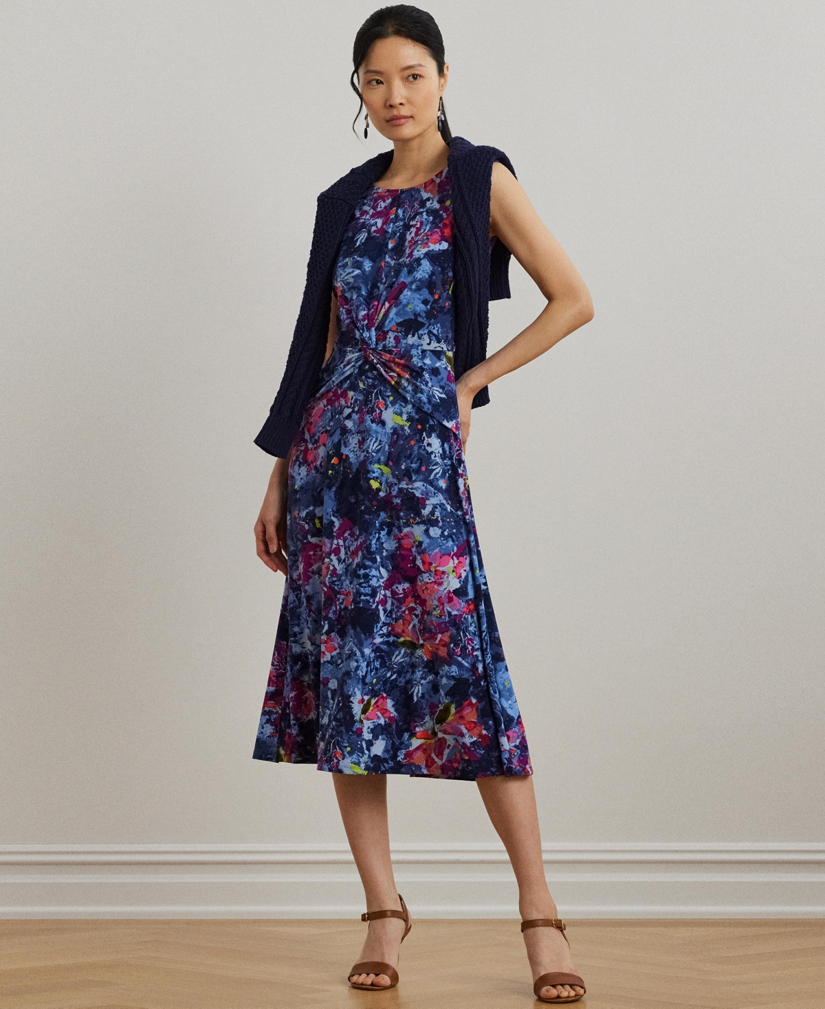 Ralph Lauren Plus Size Print Twist-front Jersey Dress In Blue