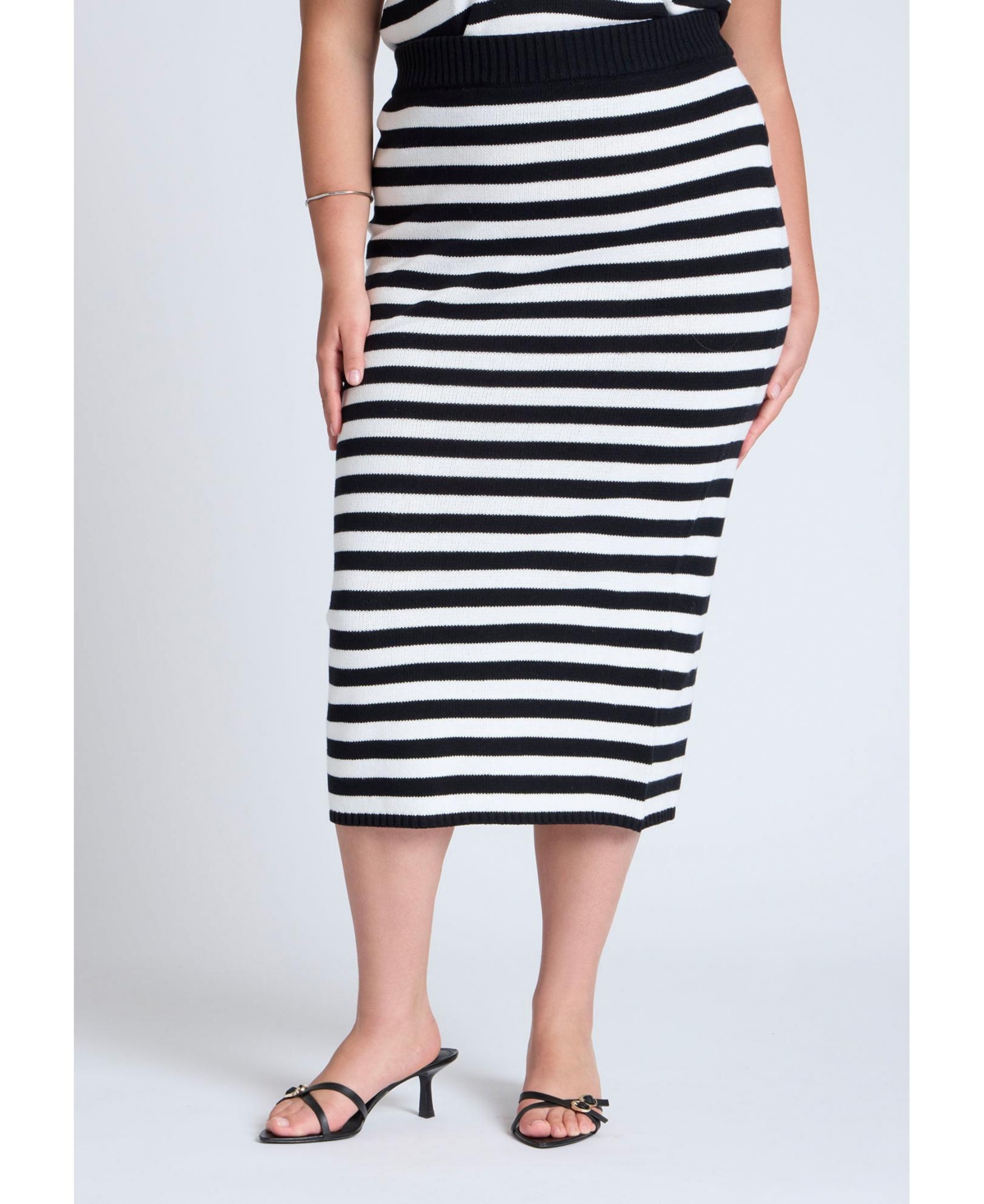 Plus Size Elements Midi Sweater Skirt - Black white stripe