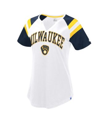 Starter - Women's White/Navy Milwaukee Brewers Game On Notch Neck Raglan T-Shirt