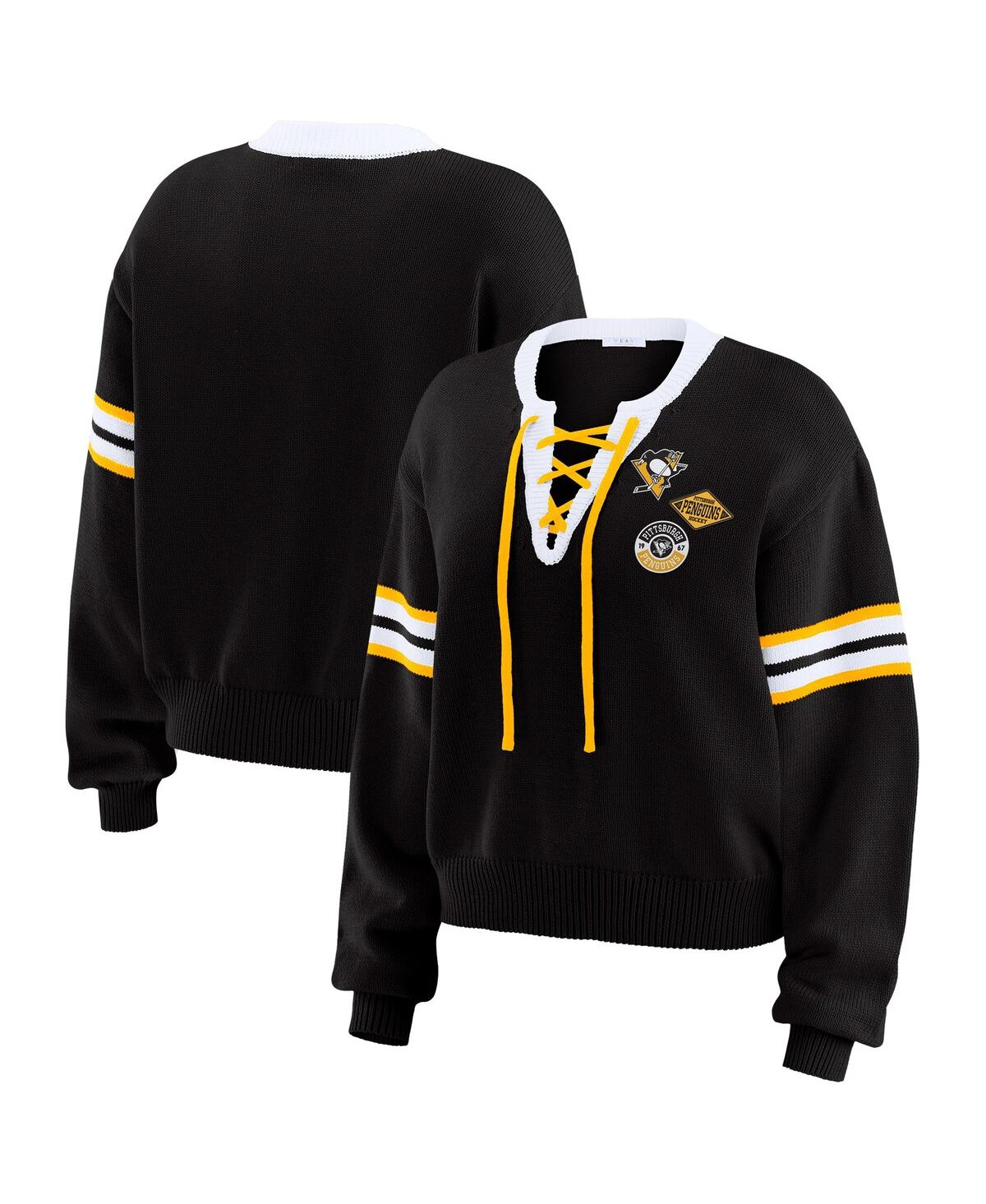 Women's Black Pittsburgh Penguins Cropped Lace-Up Sweater - Black