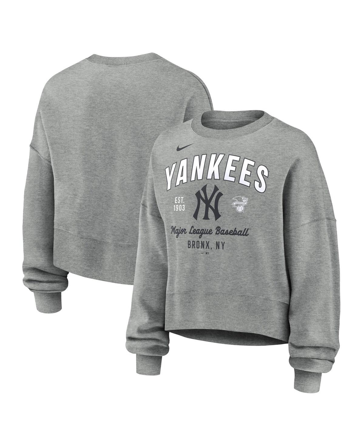 Nike Women's Heather Gray New York Yankees Oversized Long Sleeve Cropped Pullover Sweatshirt In Heather Gray