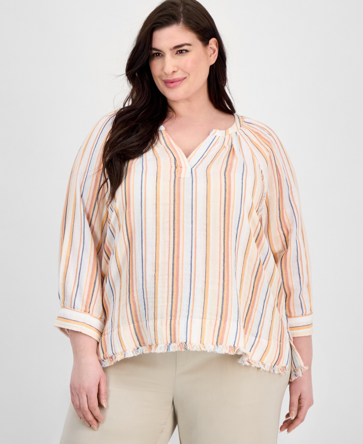 Liverpool Los Angeles Plus Size Striped Top Wide Leg Pull On Pants In Gray