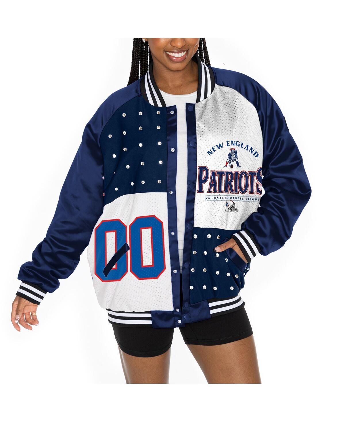 Shop Gameday Couture Women's Navy/white New England Patriots Oversized Hot Shot Rhinestone Throwback Full-snap Varsity Bo In Navy,white