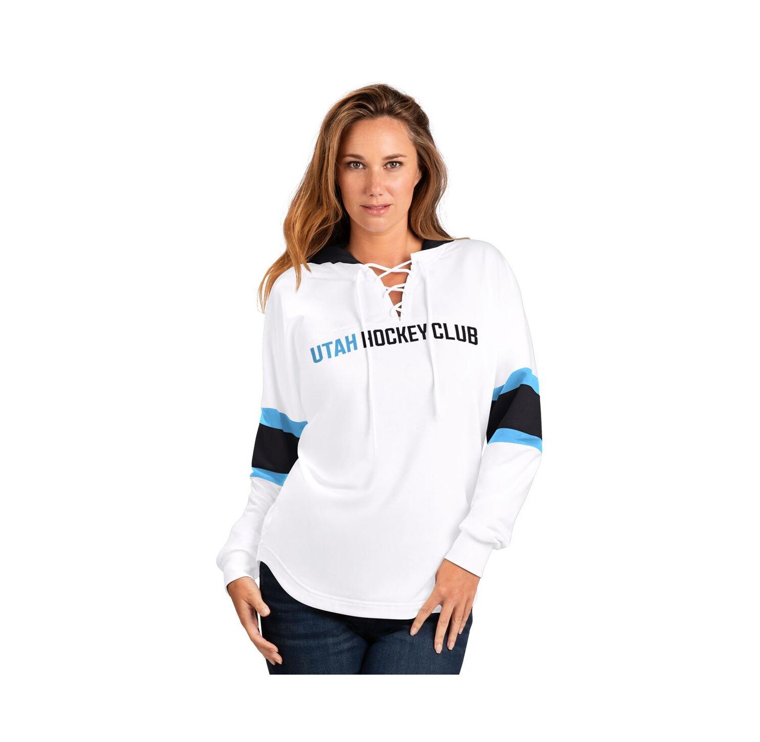 Women's White Utah Hockey Club Goal Zone Long Sleeve Lace-Up Hoodie T-Shirt