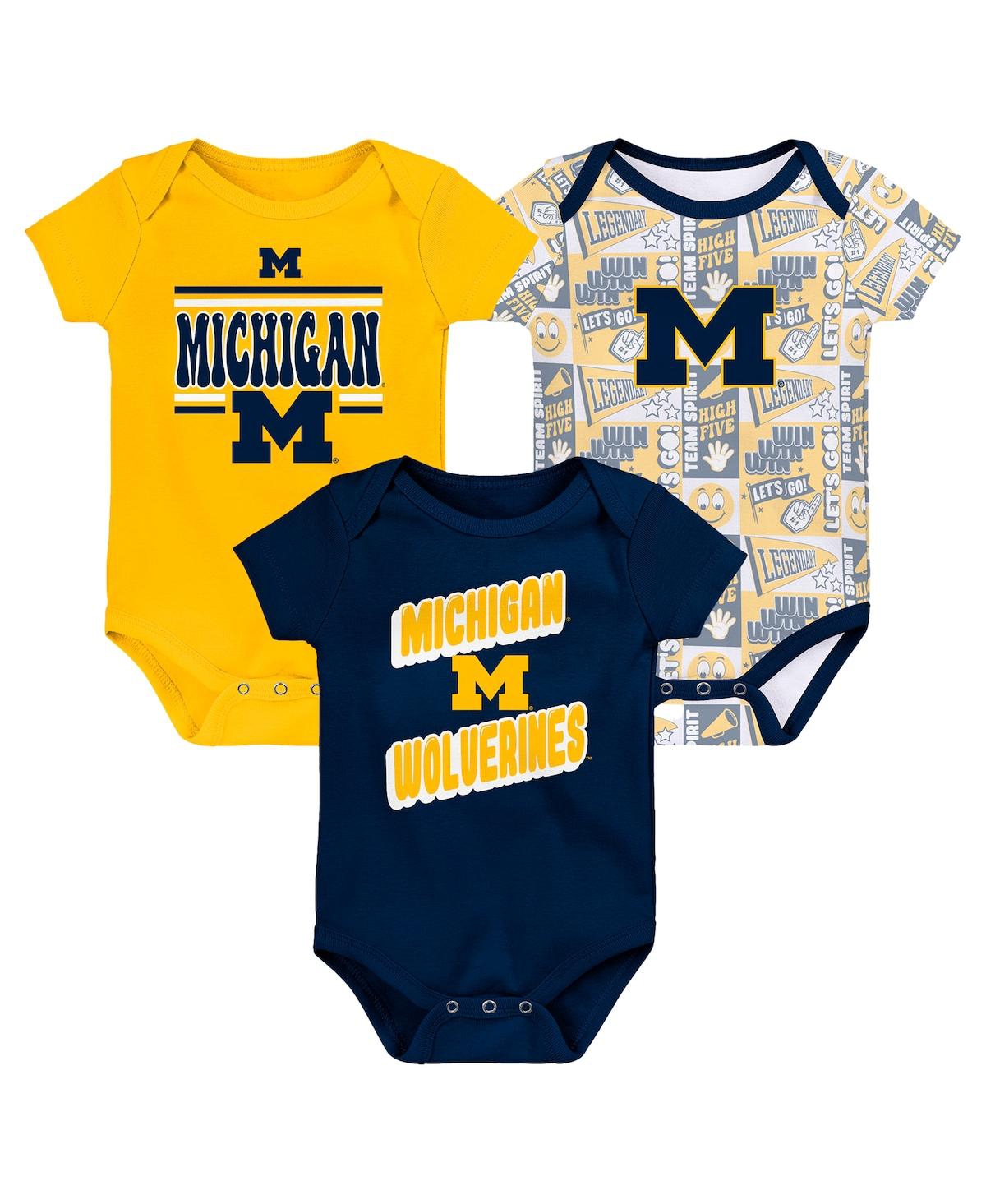 Outerstuff Baby Boys And Girls 3-pack Michigan Wolverines Sunday Comics Bodysuit Set In Navy