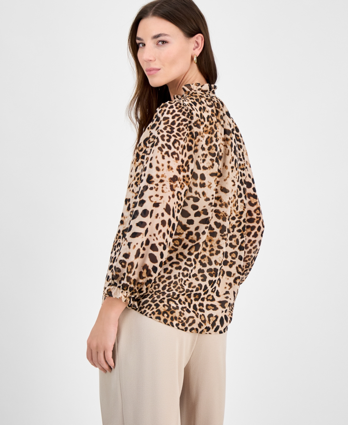 Bar Iii Women's Animal-print Ruffled Tie-neck Blouse, Exclusively At Macy's In Desert Sand Multi