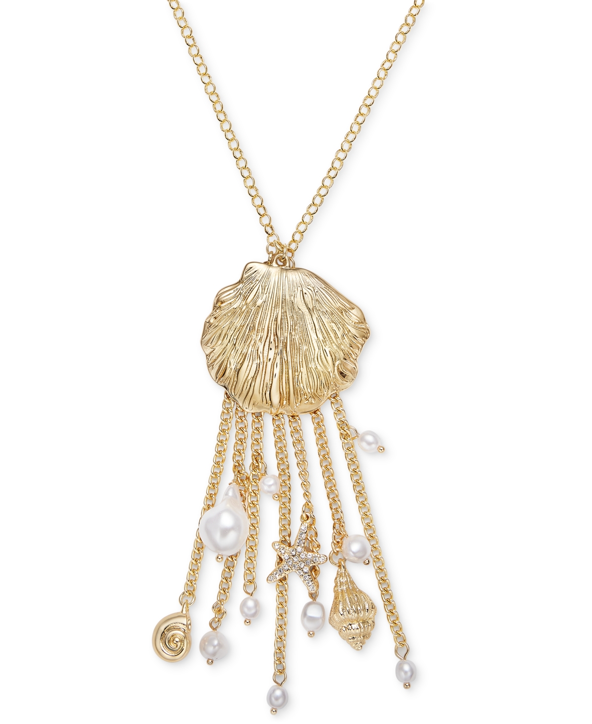 Gold-Tone Pave & Imitation Pearl Shell Fringe Statement Pendant Necklace, 31" + 3" extender, Exclusively at Macy's - Rho