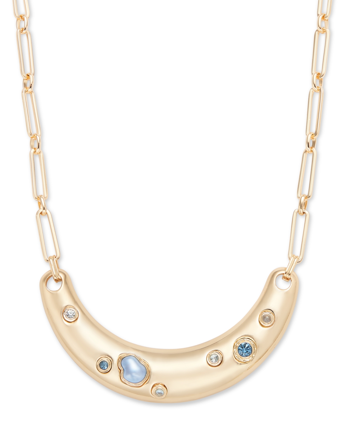 Gold-Tone Crystal & Imitation Pearl Curved Bar Statement Necklace, 16-1/2" + 3" extender, Exclusively at Macy's - Blue/t