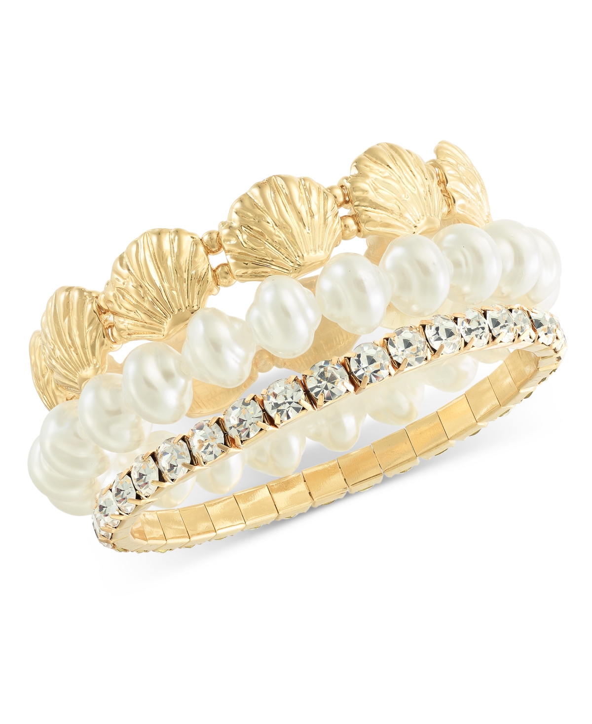 Gold-Tone 3-Pc. Set Shell, Imitation Pearl & Crystal Stretch Bracelets, Exclusively at Macy's - Yellow