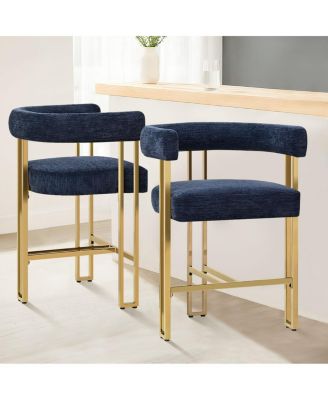 Set of 2 Counter Height Stools, 25" Upholstered Chairs with Gold Metal Legs, Curved Back and Armrests-Maison Boucle