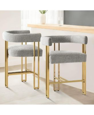 Set of 2 Counter Height Stools, 25" Upholstered Chairs with Gold Metal Legs, Curved Back & Armrests-Maison Boucle