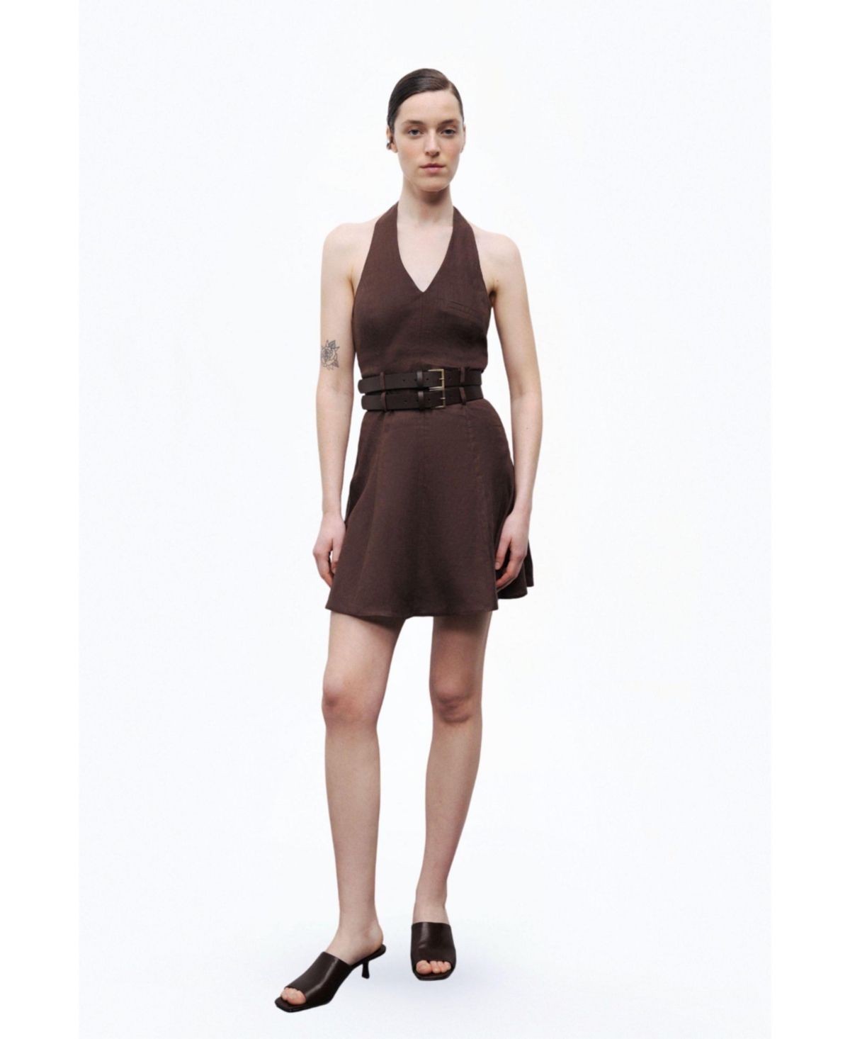Women's Double Belt Detailed Mini Dress - Dark brown