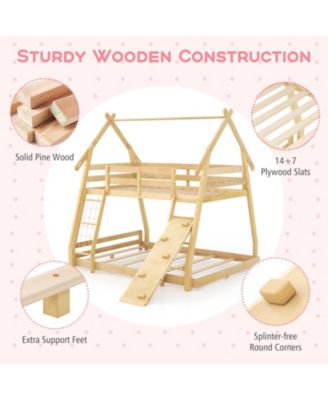 Twin Over Queen Bunk Bed Wooden Kids Bed with Climbing Nets and Ramp