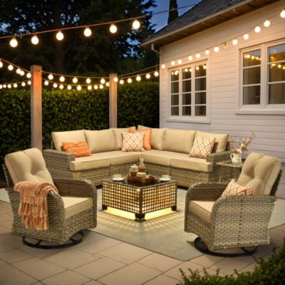 9 Pieces Outdoor Patio Furniture Set,Rattan Sectional Sofa Couch,Outside Coversation Set with Extra Deep Swivel Chairs and Solar Coffee Table for Porch Balcony Backyard Deck Poolside