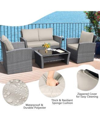4 Piece Outdoor Furniture Set Patio Rattan Conversation Set w/ Cushions