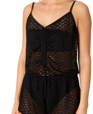 Juniors' Medallion Crochet Front-Drawstring Romper, Exclusively at Macy's