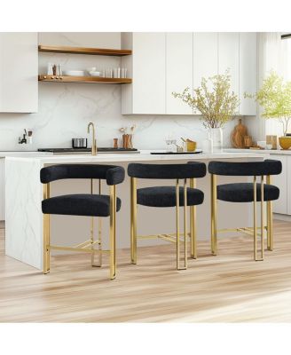 Set of 3 Counter Stools – Chenille Upholstered with Metal Legs