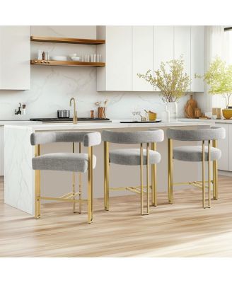 Set of 3 Counter Stools – Chenille Upholstered with Metal Legs