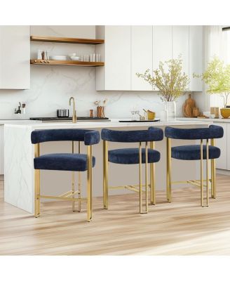 Set of 3 Counter Stools – Chenille Upholstered with Metal Legs