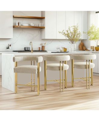 Set of 3 Counter Stools – Chenille Upholstered with Metal Legs
