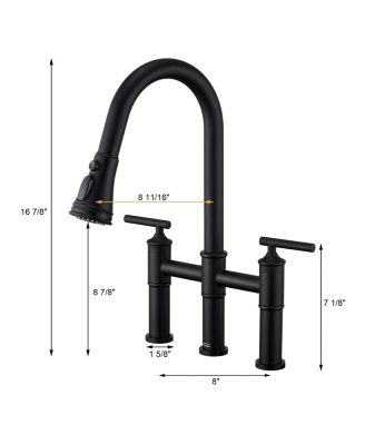 23.6" Bridge Kitchen Faucet with Pull Down Sprayer Bridge Faucet 3 Holes Double Handle Kitchen Faucet Brass Kitchen Faucets