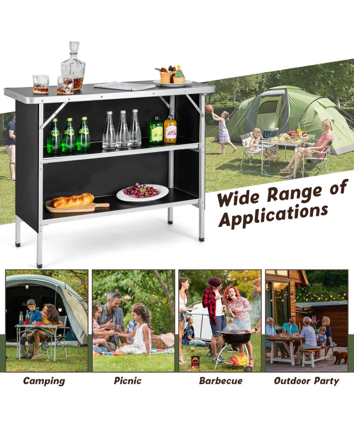 Folding Camping Table with 2-Tier Open Shelves for Outdoor Bbq