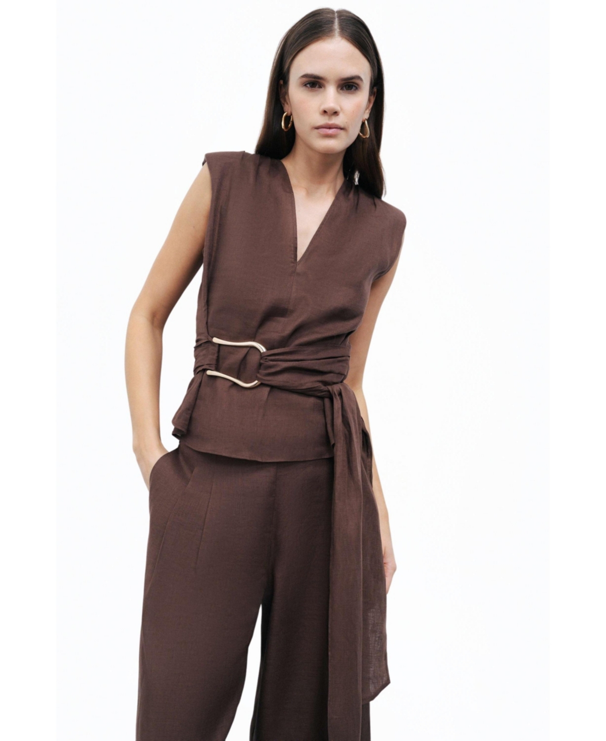 Women's Waist Accessory Detailed Blouse - Dark brown