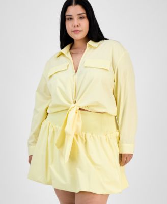 Trendy Plus Size Collared Tie-Hem Shirt & Bubble-Hem Skirt
