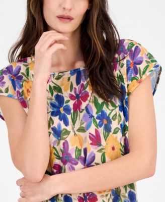 Women's Floral-Print Plisse Blouse