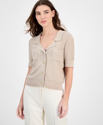 Stripe-Textured Knit Button-Front Top