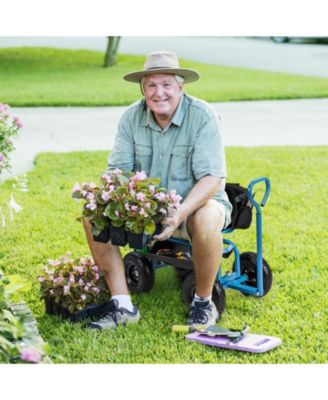 Cushioned Rolling Garden Cart Scooter with Storage Basket and Tool Pouch