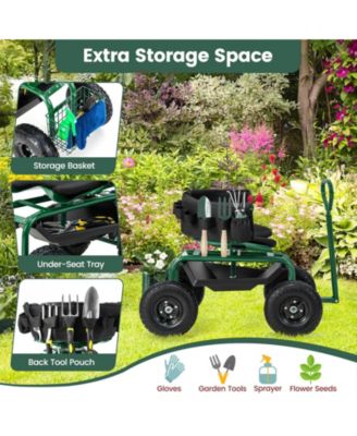 Cushioned Rolling Garden Cart Scooter with Storage Basket and Tool Pouch