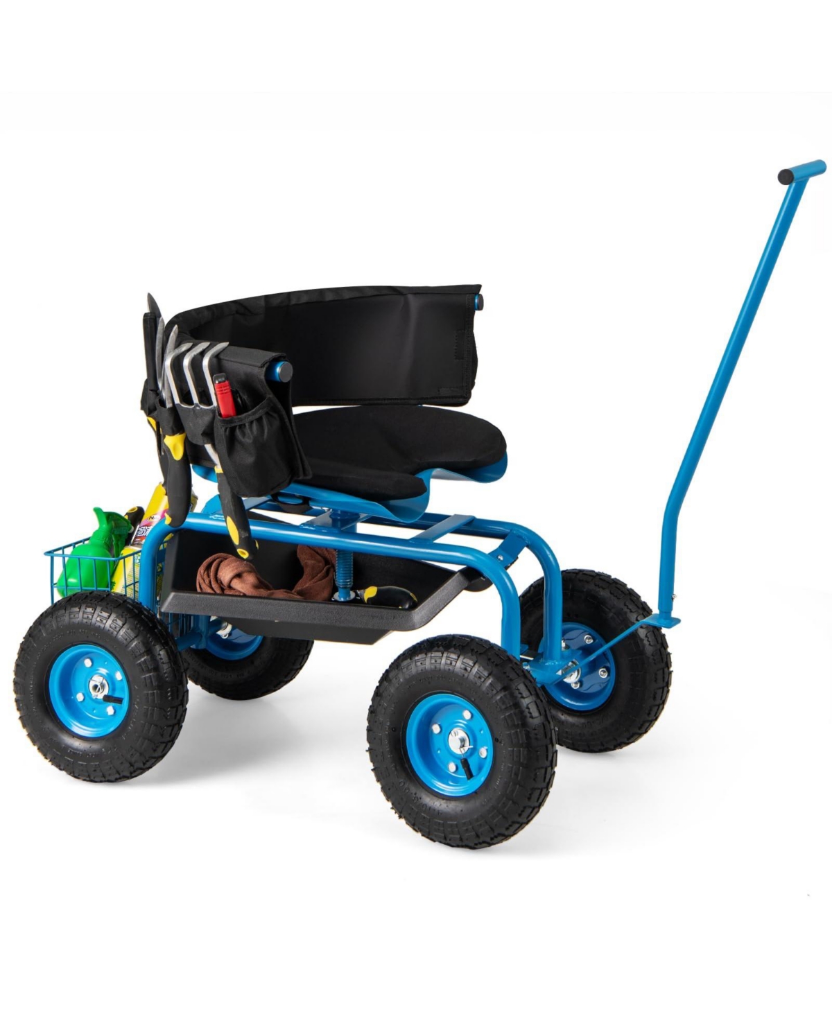 Rolling Garden Cart with Height Adjustable Swivel Seat and Storage Basket - Blue