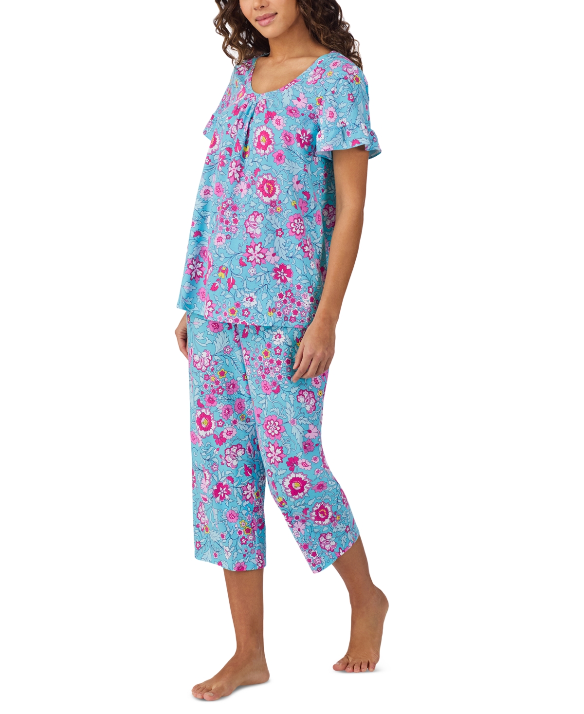 Shop Cuddl Duds Women's Short-sleeve Cropped Pajama Set In Aqua