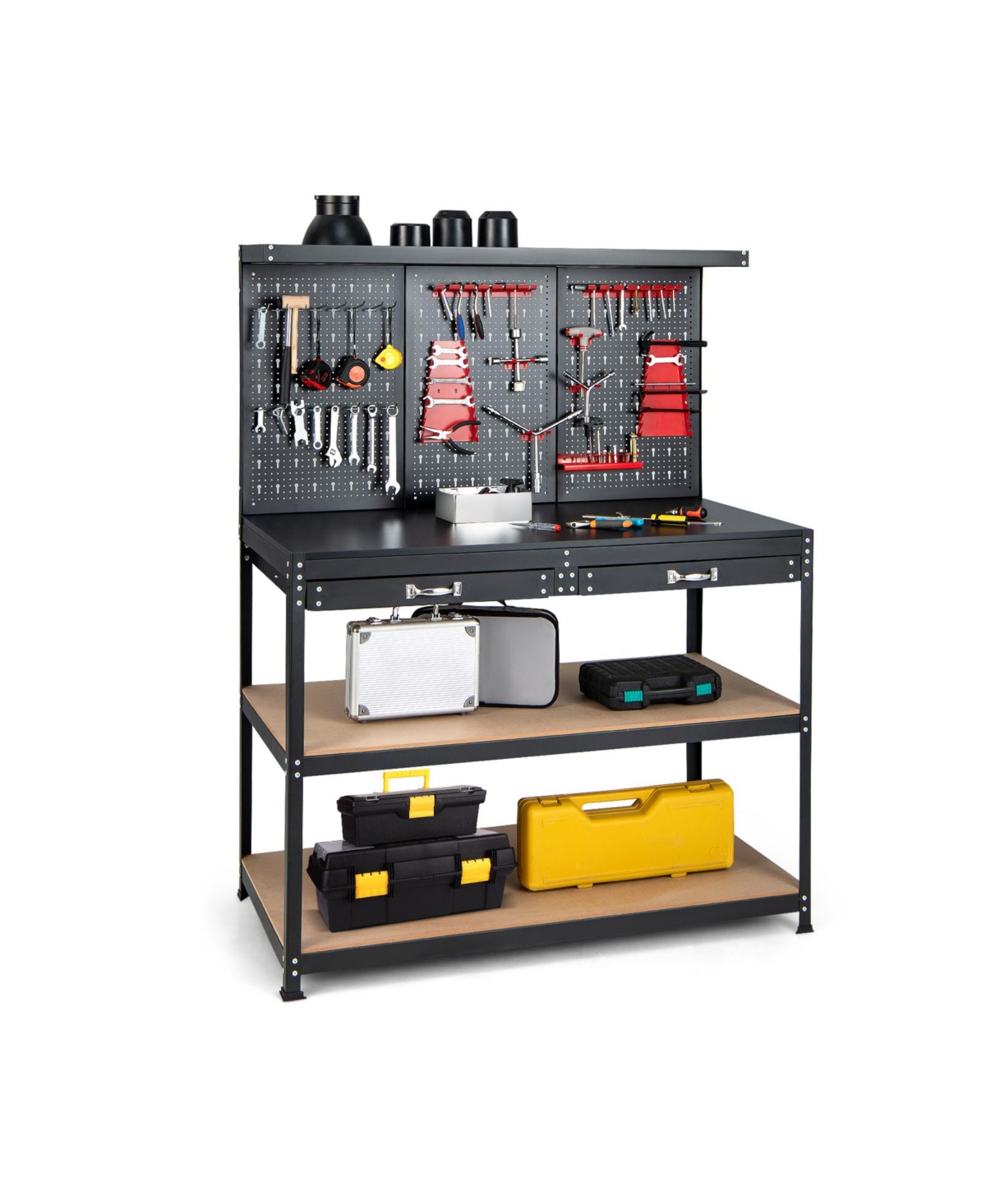 48 Inch Workbench with Pegboard and Drawers - Black