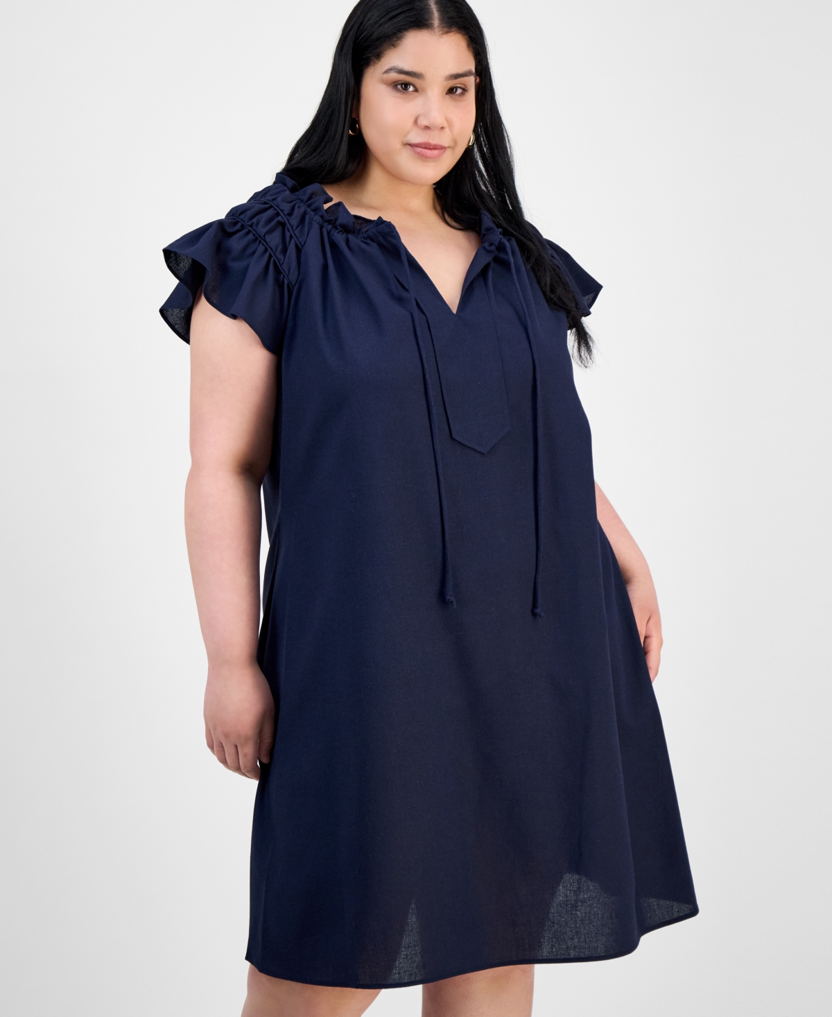 ROBBIE BEE PLUS SIZE FLUTTER-SLEEVE TIE-NECK SHIFT DRESS 