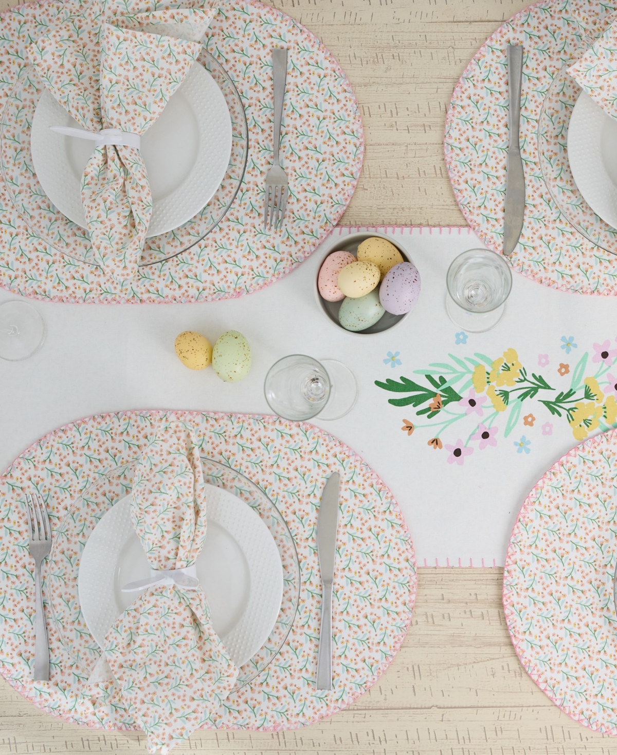 Design Imports Spring Bunny Embellished Cotton Table Runner And Placemats Set In Off White