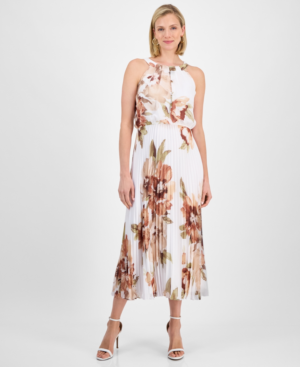 Petite Floral-Print Elastic-Waist Pleated Halter Midi Dress - Ivory Brown