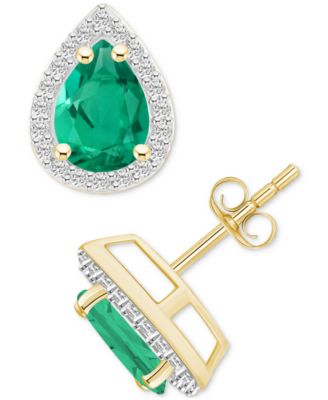 Macy's - Lab-Created Emerald (1-1/3 ct. t.w.) & Lab-Created White Sapphire Pear Halo Stud Earrings in 10k Gold