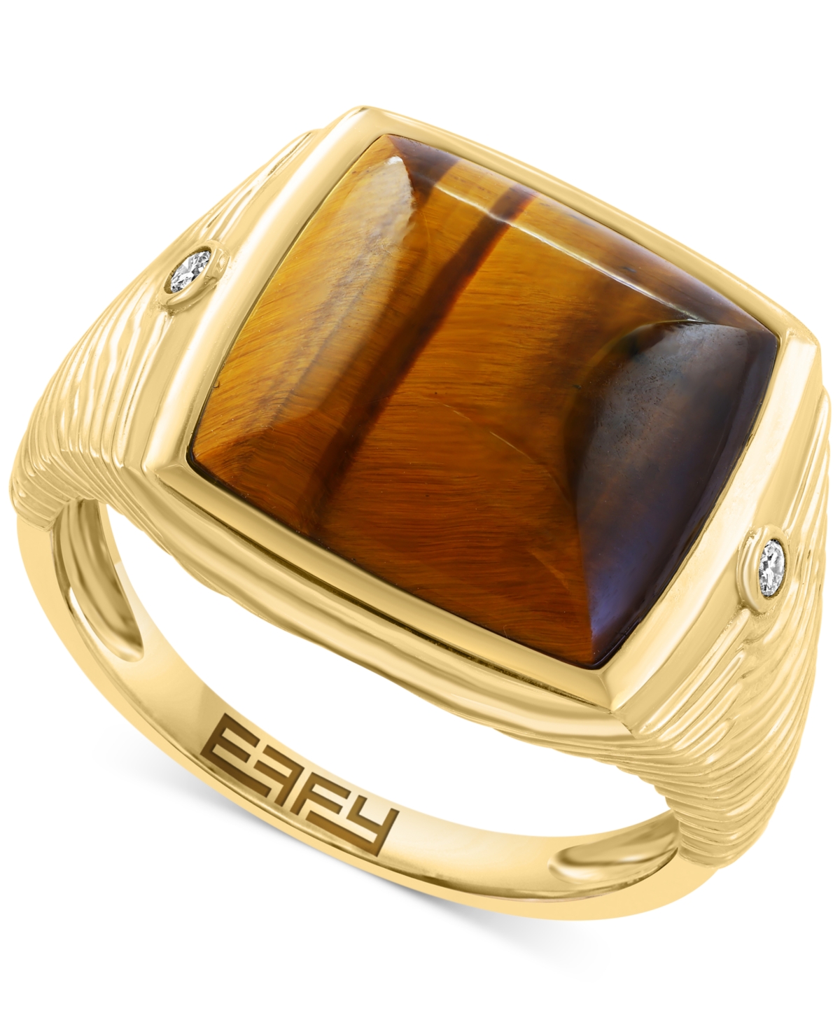 Effy Collection Effy Men's Tiger Eye & Diamond Accent Cushion Textured Ring In 14k Gold In Gold