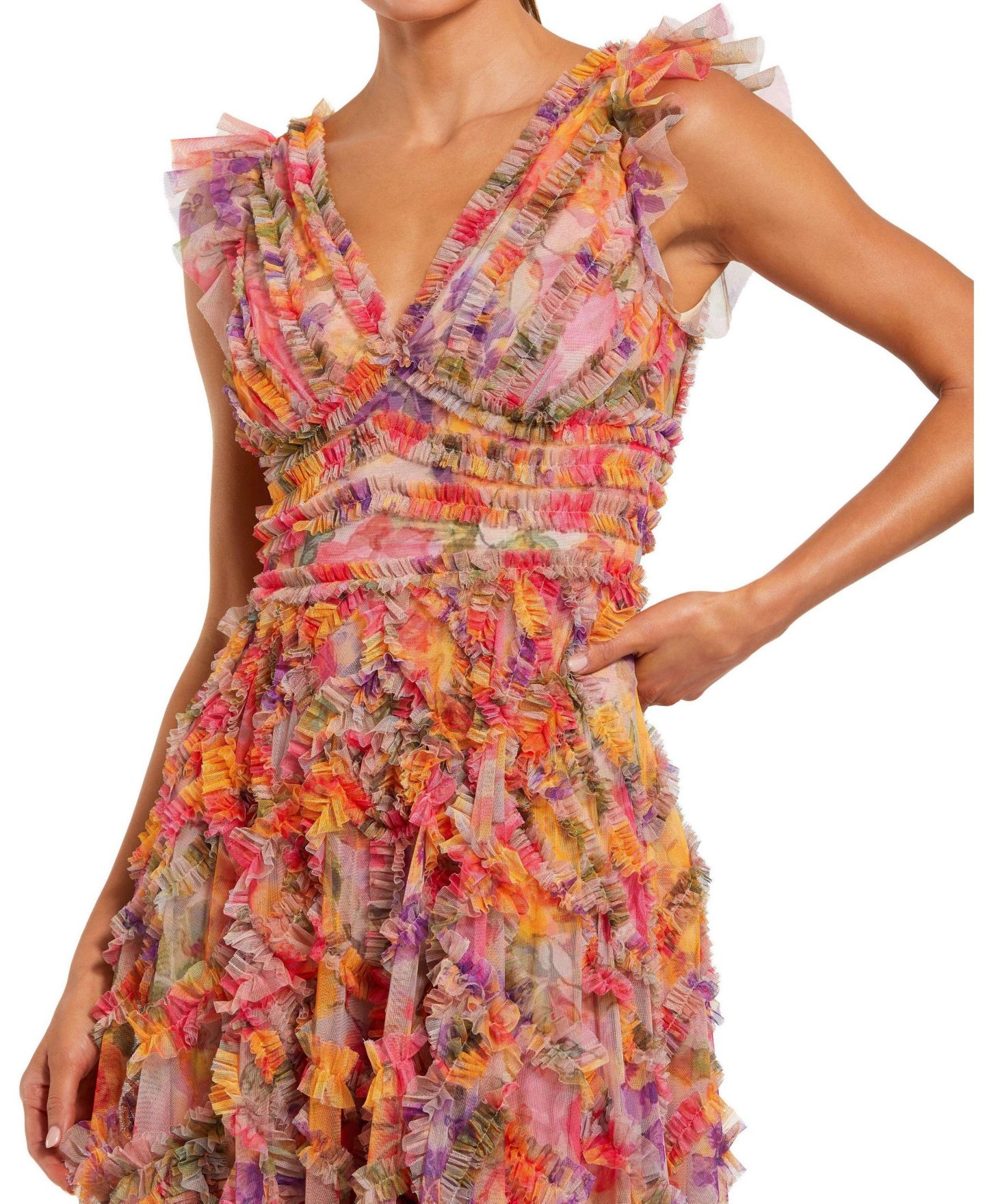 Женское платье Mac Duggal Floral Mesh Ruffle V Neck Ankle, цвет: Разноцветный — фото 6