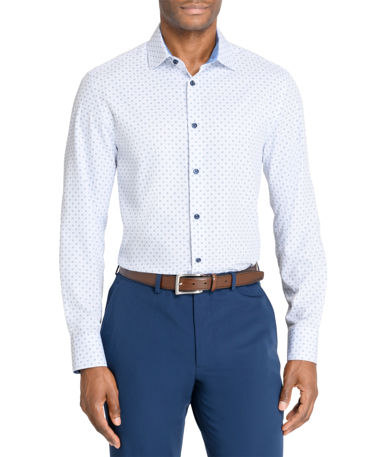 Men's Recycled Slim Fit Micro Geo 4-Way Stretch Performance Dress Shirt - White Blue