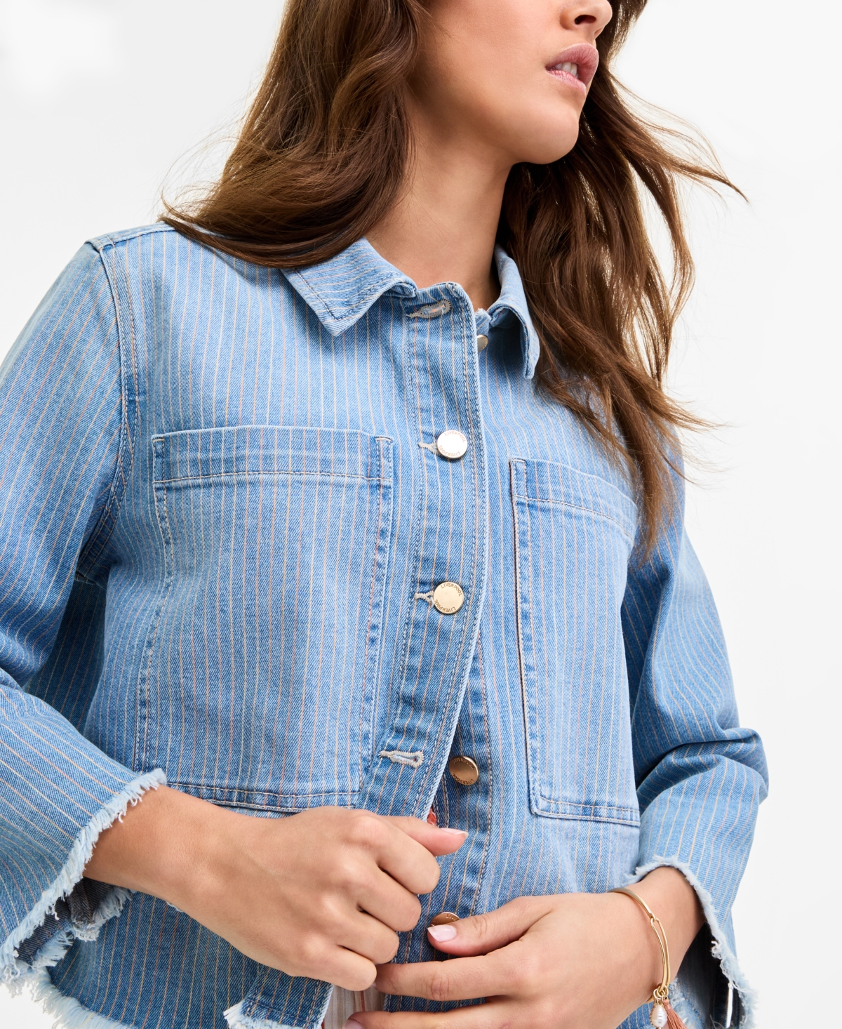 Liverpool Los Angeles Women's Striped Denim Cropped Shacket In Blue