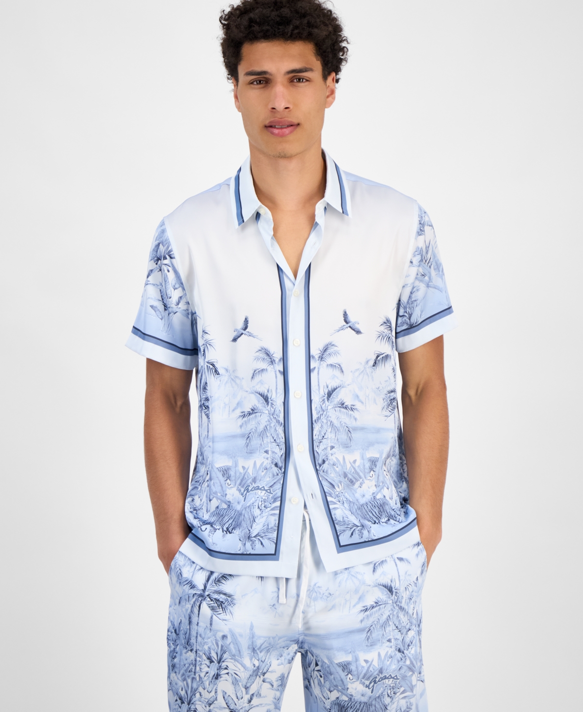 Men's Short Sleeve Button Front Jungle Scenery Shirt - Big Cat Paradise Blue