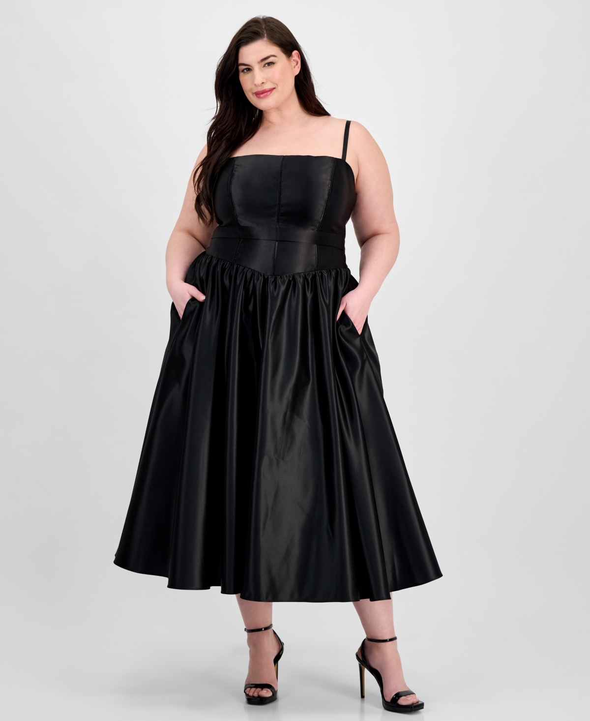 B Darlin Plus Size Satin Square-neck Midi Dress In Gold