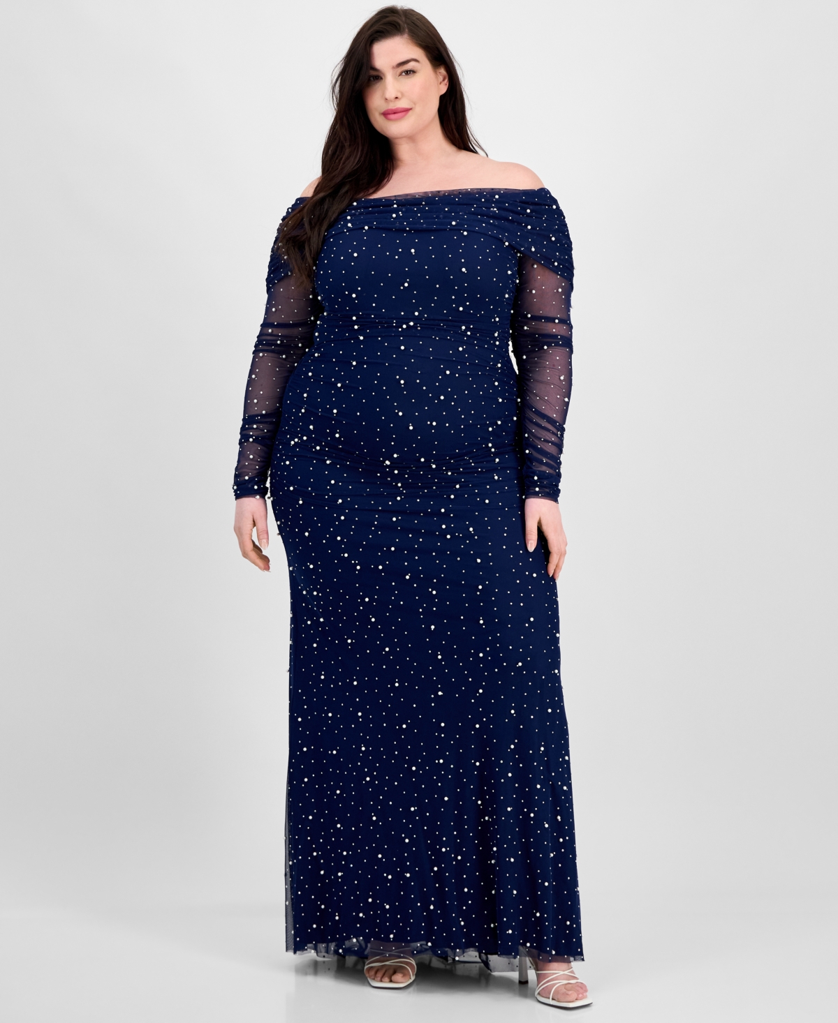 Trendy Plus Size Off-The-Shoulder Pearl Gown - Navy