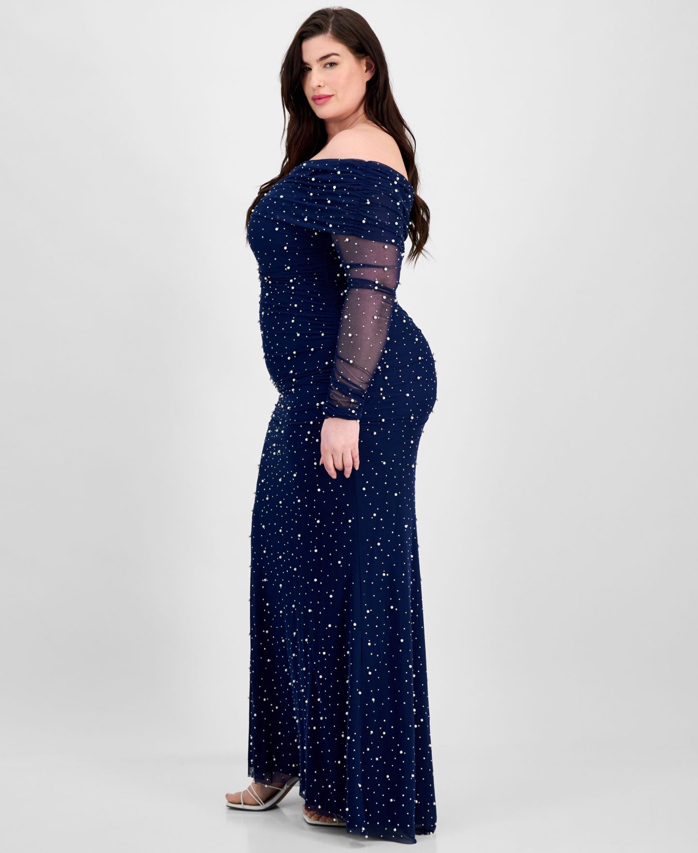 Женские платья B Darlin Trendy Plus Size Off-The-Shoulder Pearl Gown, цвет: Тёмно-синий — фото 3