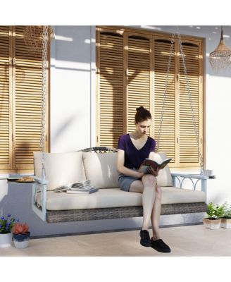 Wicker Porch Swing, Hanging Swing Bench with Cup Holder